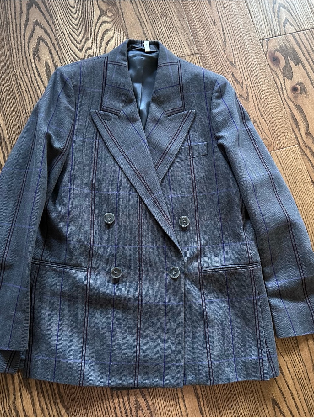 Acne Double-Breasted Gray Blazer with Subtle Blue Windowpane